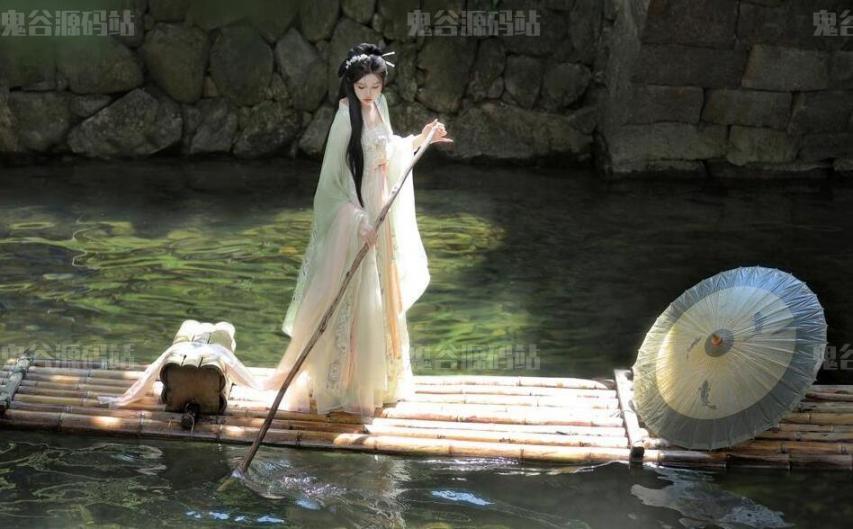 [美女壁纸]竹筏上划船的古风美女高清壁纸图片下载